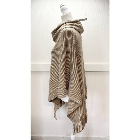 Chicos Cowl Neck Poncho OS Beige/Tan Metallic Striped Knit Sweater Fringe NEW - Picture 2 of 8